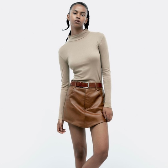 Zara | Shorts | Zara Brown Pu Leather Skorts | Poshmark